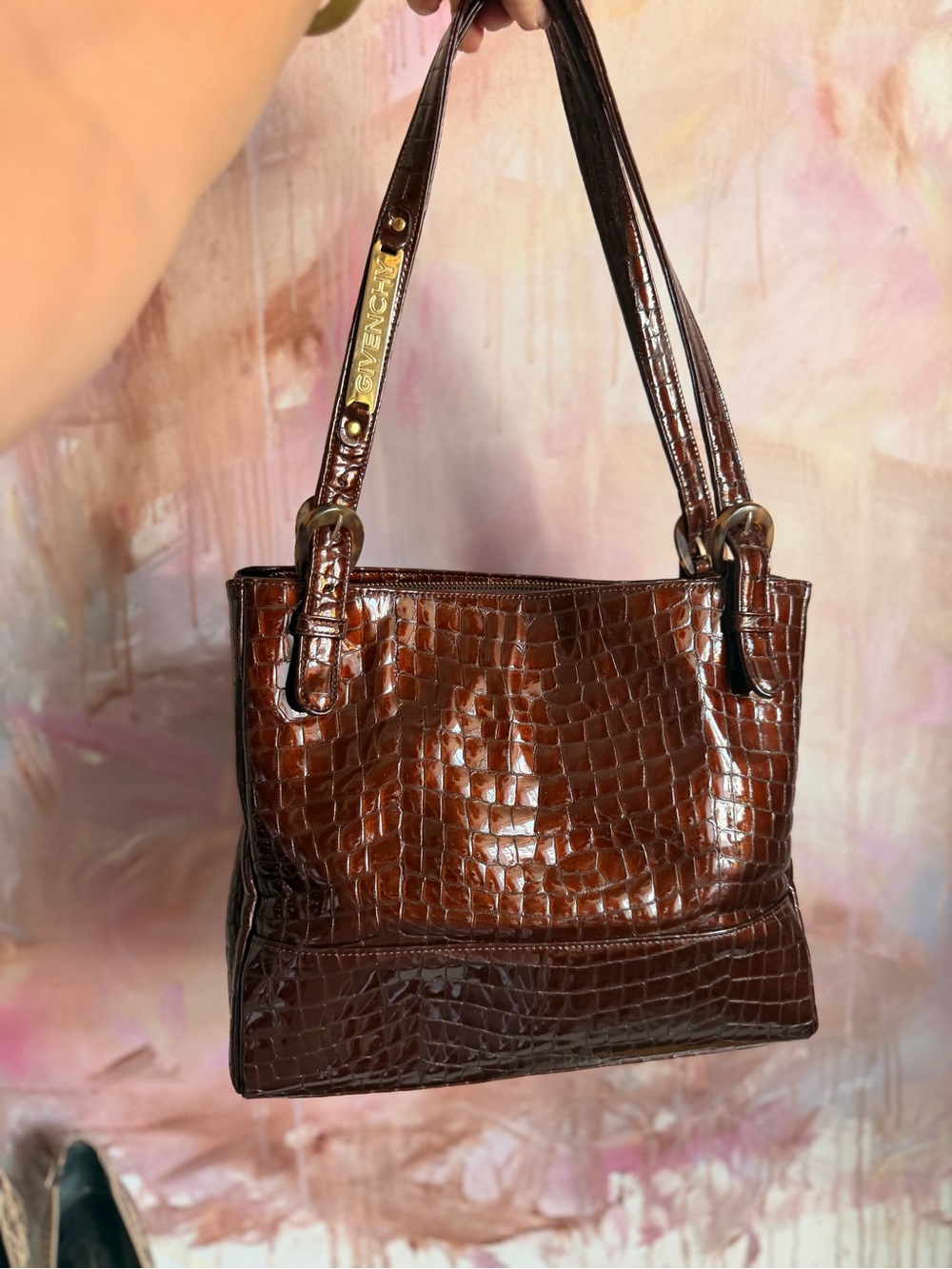 Givenchy Brown Croc-Embossed Patent Shoulder Bag with Gold Logo Plate